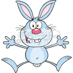A happy cartoon blue bunny with large ears, a pink nose, and an expressive face, appearing to be jumping or dancing.