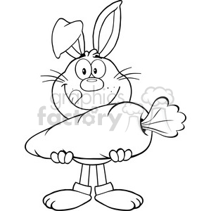   Royalty Free RF Clipart Illustration Black And White Hungry Rabbit Cartoon Character Holding A Big Carrot 
