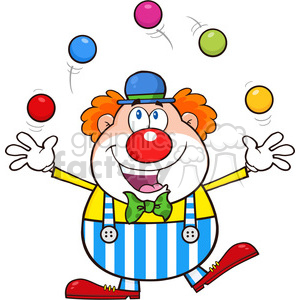 A colorful cartoon clown with red hair, blue eyes, a red nose, blue and white striped pants, and red shoes, juggling five colorful balls.