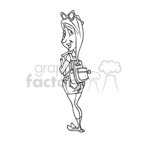 The image is a line drawing of a cheerful female student character. She's wearing glasses, has a bow in her hair, and is carrying a backpack on one shoulder. She appears to be standing confidently with one hand on her hip.