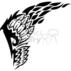 A tribal-style clipart design of a stylized bird's head and wings, featuring intricate patterns and shapes.
