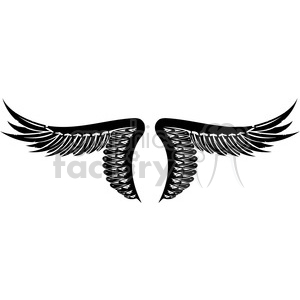 A black and white clipart illustration of wings with intricate feather details and symmetrical design.