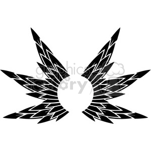 Black and white abstract wings clipart image with a circular center and symmetrical pointed feather shapes extending outward