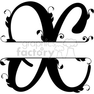   The clipart image shows a split regal monogram design of the letter "x" in English alphabet. There is a split in the middle of it, going across. This gives you space to put a word or name of your choice in (a nameplace for example) 