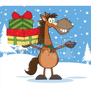The clipart image features a cheerful cartoon horse standing in a snowy winter landscape. The horse is brown with a large, friendly smile and holding a stack of colorful presents wrapped with ribbons. It's wearing a scarf and appears to be in the midst of snowfall, with snowflakes in the air and a couple of trees in the background.