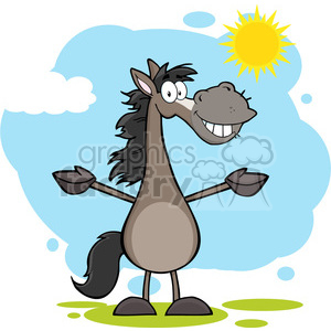   The clipart image shows a cartoon horse standing on a grassy surface, looking cheerful with a big smile. Its arms are spread wide as if in a welcoming or happy gesture. In the background, there