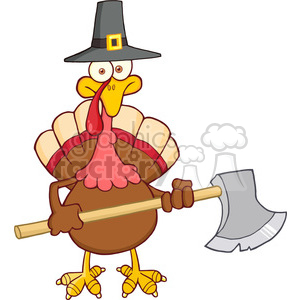 The image shows a cartoon turkey wearing a black Pilgrim hat with a yellow buckle, holding a long-handled axe. The turkey has a perplexed or worried expression, which could imply it is aware of the traditional fate turkeys meet on Thanksgiving Day.