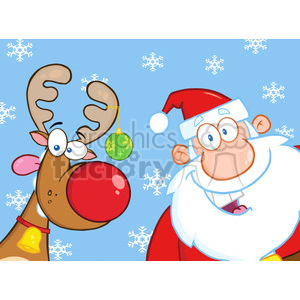 A cheerful Christmas-themed clipart image featuring a cartoon Santa Claus and a reindeer with a bright red nose. The background has falling snowflakes and a green ornament hanging from the reindeer's antler.