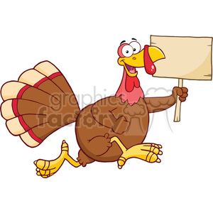 A cheerful cartoon turkey holding a blank sign, representing Thanksgiving and holiday themes.