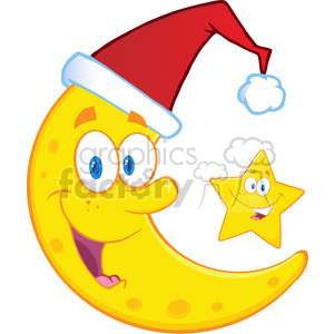 A smiling cartoon crescent moon wearing a red Santa hat, accompanied by a cheerful star in a Christmas-themed night sky.