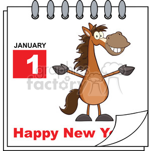 Royalty Free RF Clipart Illustration Happy New Year Calendar With Open Arms Smiling Horse