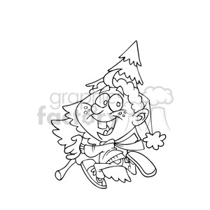 A cartoon character of a happy child carrying a Christmas tree, drawn in a playful style.