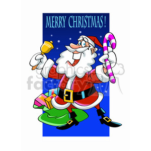 A festive clipart image of Santa Claus holding a candy cane and a bell, with gifts in the background and 'Merry Christmas' written above.