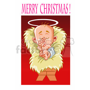 A humorous clipart image of a sleeping baby with a halo, lying in a manger with 'Merry Christmas!' text above.