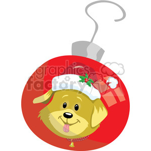 A festive Christmas ornament clipart featuring a cheerful dog wearing a Santa hat with holly. The ornament is red and includes a gift-wrapped present design.