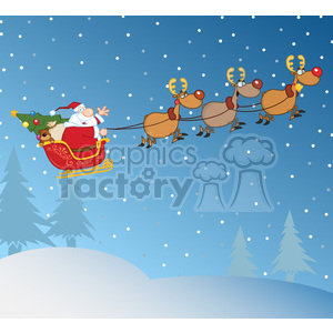 A festive Christmas clipart image featuring Santa Claus in a sleigh with a teddy bear and Christmas tree ornaments, being pulled by three reindeer, flying through a snowy night sky.