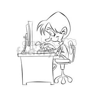 vector black and white kid working at the computer cartoon