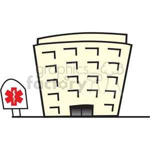 This clipart image features a stylized illustration of a hospital building. The hospital is depicted as a large, multi-story beige structure with numerous windows. In front of it, to the left side, there's a sign with a red cross and what appears to be a Rod of Asclepius (a symbol associated with healthcare and medicine), indicating that the building is a medical facility.