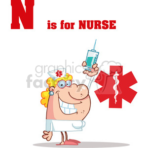 Cartoon nurse character holding a syringe, with text 'N is for NURSE' and a medical symbol.