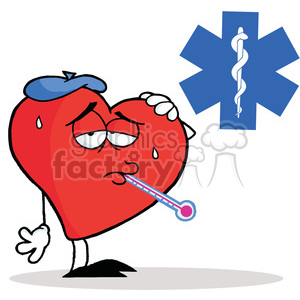 A funny cartoon heart character appearing sick, with a thermometer in its mouth and sweat drops on its face, wearing a blue ice pack on its head. An emergency medical symbol is in the background.