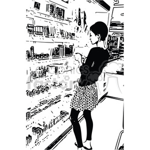 The clipart image depicts a stylized black and white representation of a woman shopping in a store. The woman is standing and appears to be looking at products on shelves. The shelves are filled with various items which, due to the stylized nature of the clipart, are difficult to identify with precision. The woman is wearing a dress and has a short haircut; she stands profile to the viewer.