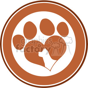 The image is a clipart that appears to depict a paw print and a silhouette of a dog's profile within the shape of a heart, all within a circular border. The design is monochromatic, with the paw print, heart, and dog silhouette in a shade of brown or orange, contrasting with the white background.