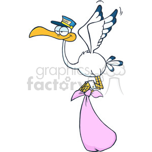The clipart image shows a cartoon stork in mid-flight carrying a pink bundle with its beak, which is commonly associated with delivering a baby. The stork has a cap with the word BABY on it and is winking, suggesting a playful or humorous tone.