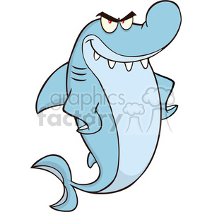 The clipart image shows a cartoon depiction of a shark. The shark has a humorous appearance, characterized by an exaggerated, smirking facial expression, with raised eyebrows and red eyes that suggest it might be scheming or up to some mischief. The shark has a large, curved body, with prominent fins and a tail that curves upward, and a row of white, sharp teeth.