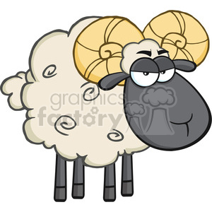 The clipart image features a cartoon-style depiction of a ram (male sheep). The ram has a humorous expression, with large, prominent horns that spiral on either side of its head. It's fluffy with curly lines on its wool, and it has a prominent black face with a lighthearted smirk and large, exaggerated eyes behind a pair of funny glasses.