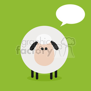 This clipart image features a stylized cartoon sheep with a simplistic design standing on a green background. The sheep has a large white round body, a smaller pink oval face, black ears, and legs, with two dots for eyes and a simple line for a mouth. Above the sheep is an empty speech bubble indicating that the sheep could be thinking or saying something.