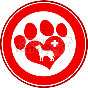 The clipart image features a red and white circular emblem with a heart in the center. Within the heart, there's a silhouette of a dog next to a plus sign, which often represents medical care or veterinary services. Around the heart, there are paw prints of varying sizes, suggesting a theme related to animals, specifically pets.