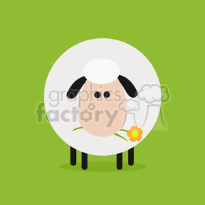 This image shows a cartoon of a cute, round sheep standing on a green background. The sheep has a large, fluffy white body, with a soft peach-colored face and ears that contrast with its black eyes and legs. It appears to be smiling and holding a small yellow flower with an orange center in its mouth, adding to the whimsical and friendly character of the image.