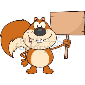   Royalty Free RF Clipart Illustration Happy Squirrel Cartoon Mascot Character Holding A Wooden Board 