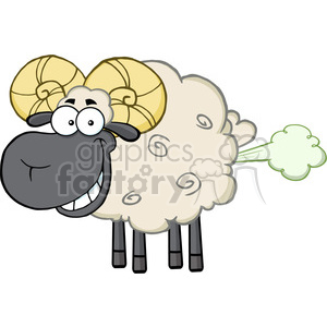 The clipart image features a cartoon sheep with a humorous expression. The sheep has large, curled horns, big eyes with glasses, a wide smile showing teeth, and is depicted passing gas – illustrated by a green cloud coming from its rear.