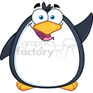 The clipart image shows a cartoon penguin with a humorous expression. The penguin's eyes are wide open and slightly crossed, enhancing its goofy appearance. Its beak is open, resembling a smile or laugh, and its tongue is sticking out. The wings are spread as if the penguin is gesturing or in the midst of an animated action.