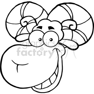The image is a black and white line drawing of a cartoon ram with a comically large, smiling face and exaggerated spiral horns. The ram's eyes are wide and have a silly expression, which contributes to the humorous aspect of the image.