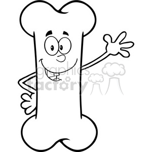 The clipart image depicts an anthropomorphized bone with a happy facial expression, waving one hand. The bone has eyes, a nose, a smiling mouth with a single tooth, and is standing upright.