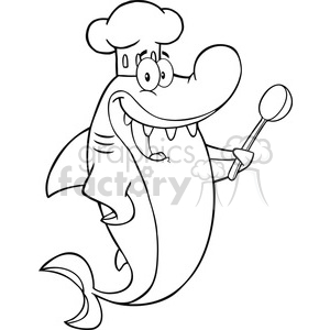 The clipart image shows a whimsical drawing of a shark standing upright, wearing a chef's hat, and holding a spoon. The shark is smiling and has a cartoonish, friendly appearance.