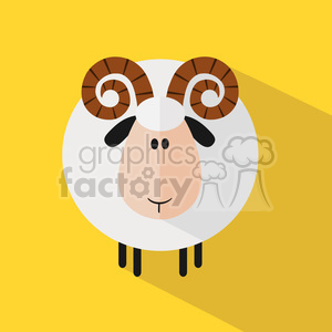 This clipart image features a stylized, cartoonish ram with a white body, black legs, and characteristic brown and white spiral horns. The ram has a simple and friendly face with black ears, a pink nose, and a subtle smile. It is set against a yellow background with a bold shadow giving it a three-dimensional appearance.