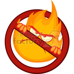   Royalty Free RF Clipart Illustration Stop Fire Sign With Angry Burning Flame Cartoon Mascot Character 