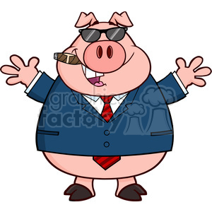 A cartoon pig dressed in a business suit with a red tie, wearing sunglasses, and smoking a cigar.