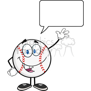 A cheerful cartoon baseball character with expressive eyes and a big smile, wearing sneakers, and holding up a hand with a blank speech bubble next to it.