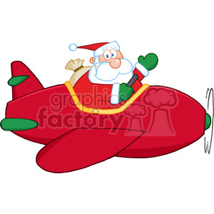 Santa Claus flying a red airplane with a sack of gifts.