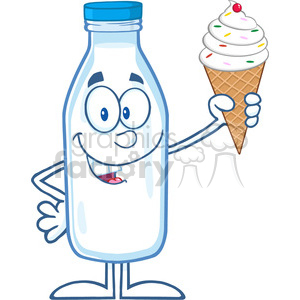 Royalty Free RF Clipart Illustration Funny Milk Bottle Cartoon Mascot Character Holding A Ice Cream