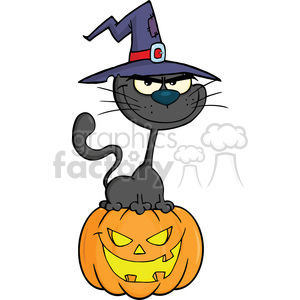 Royalty Free RF Clipart Illustration Halloween Black Cat With A Witch Hat On Pumpkin Cartoon Character