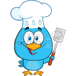   8819 Royalty Free RF Clipart Illustration Chef Blue Bird Cartoon Character Holding A Slotted Spatula Vector Illustration Isolated On White 