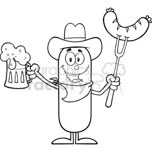 8441 Royalty Free RF Clipart Illustration Black And White Cowboy Sausage Cartoon Character Holding A Beer And Weenie On A Fork Vector Illustration Isolated On White
