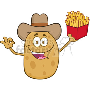 8798 Royalty Free RF Clipart Illustration Cowboy Potato Character Gesturing Ok And Holding A French Fries Vector Illustration Isolated On White