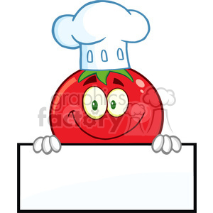 8389 Royalty Free RF Clipart Illustration Tomato Chef Cartoon Mascot Character Over A Blank Sign Vector Illustration Isolated On White
