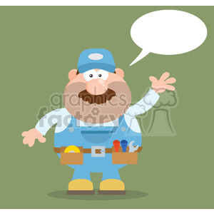 8530 Royalty Free RF Clipart Illustration Mechanic Cartoon Character Waving For Greeting Flat Style Vector Illustration With Speech Bubble And Background